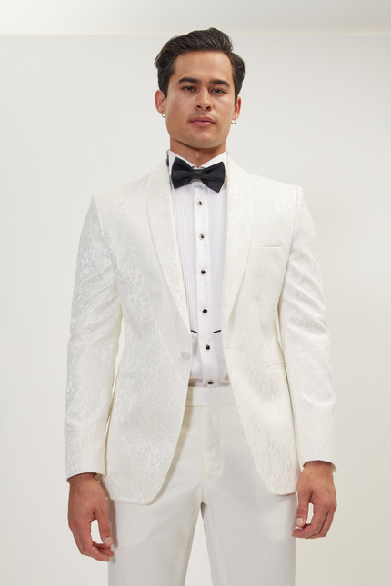 Men's Lace Shawl Lapel Tuxedo Jacket - White | Ron Tomson