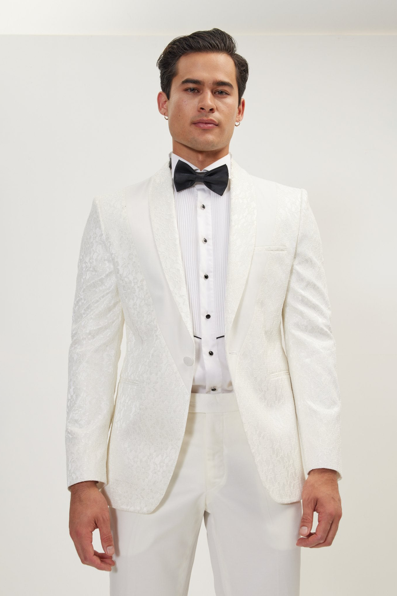 Men's Lace Shawl Lapel Tuxedo Jacket - White | Ron Tomson