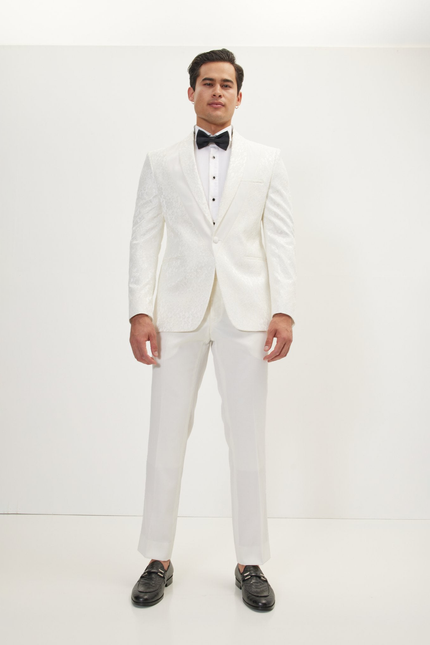 Men's Lace Shawl Lapel Tuxedo Jacket - White | Ron Tomson