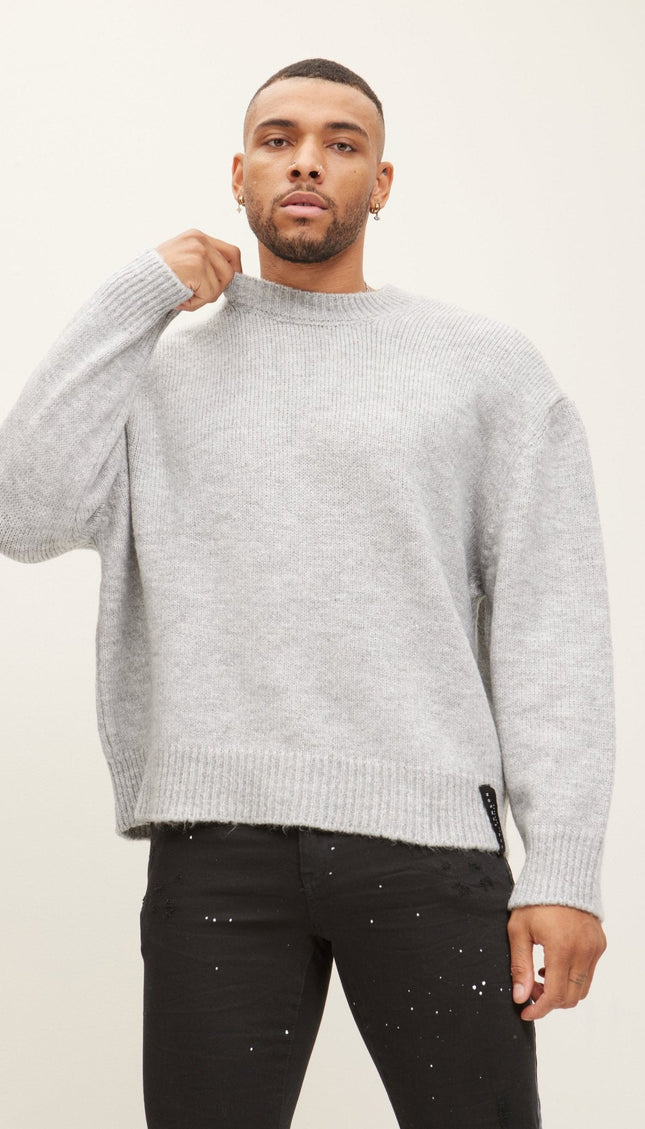 Oversized Wool Blend Crew-Neck Sweater - Grey