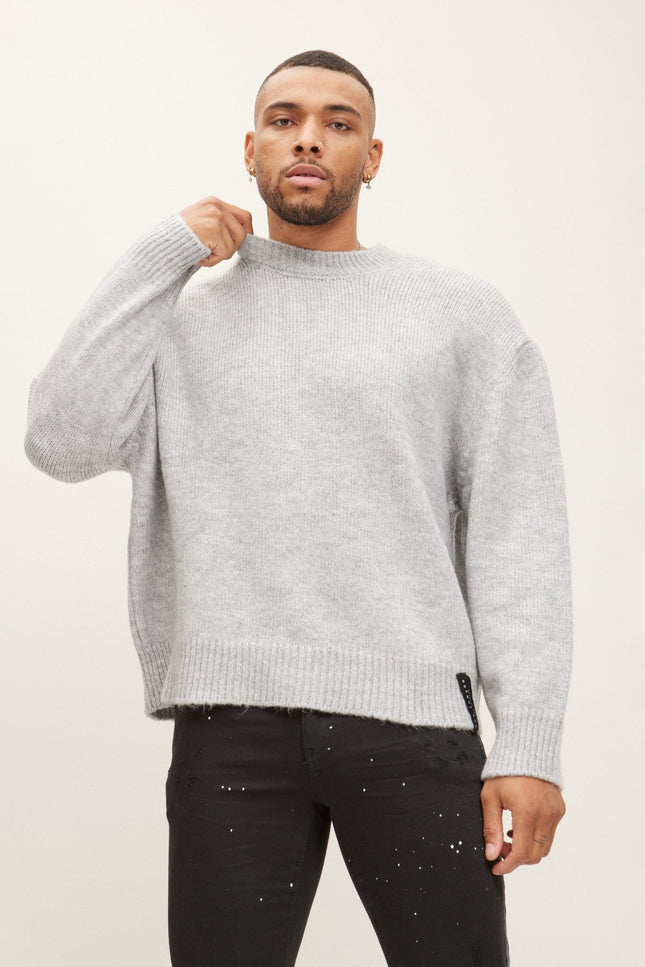 Oversized Wool Blend Crew-Neck Sweater - Grey