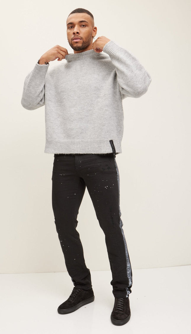 Oversized Wool Blend Crew-Neck Sweater - Grey