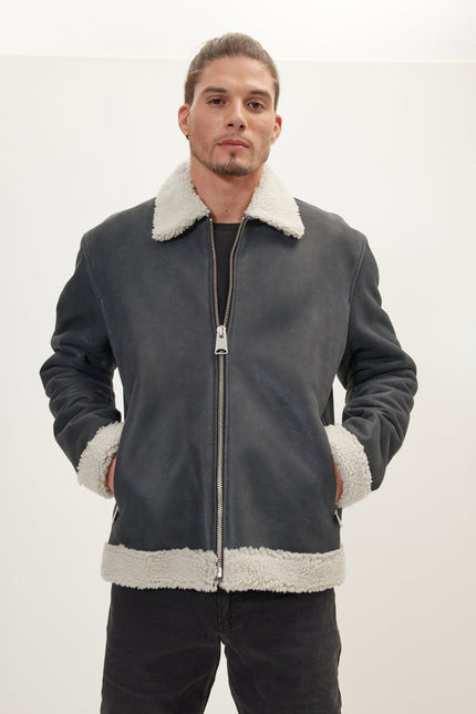 Men's Shearling-Lined Leather Bomber Jacket - Black | Ron Tomson