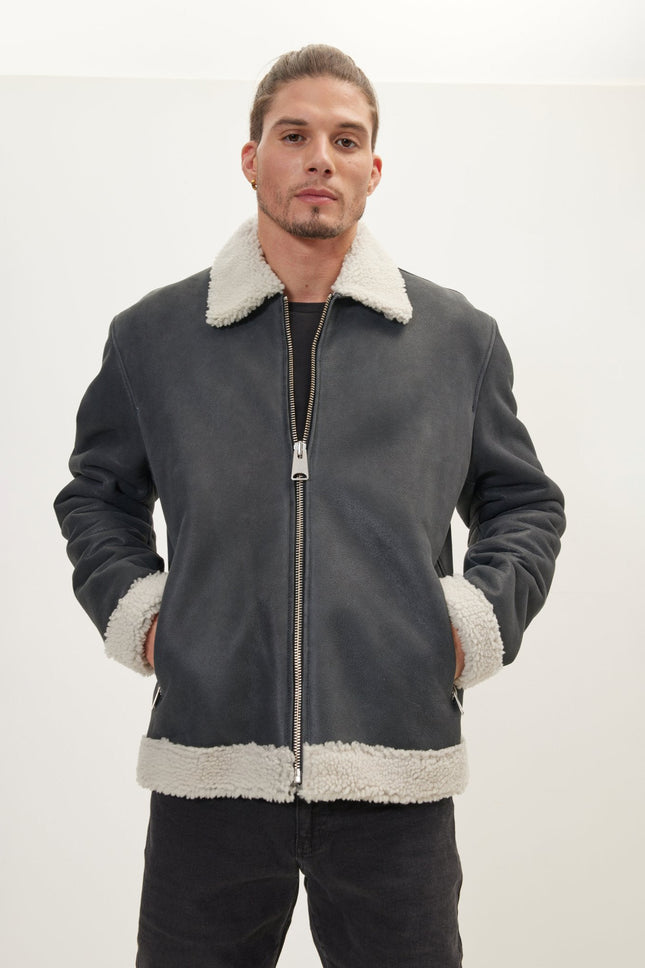 Men's Shearling-Lined Leather Bomber Jacket - Black | Ron Tomson