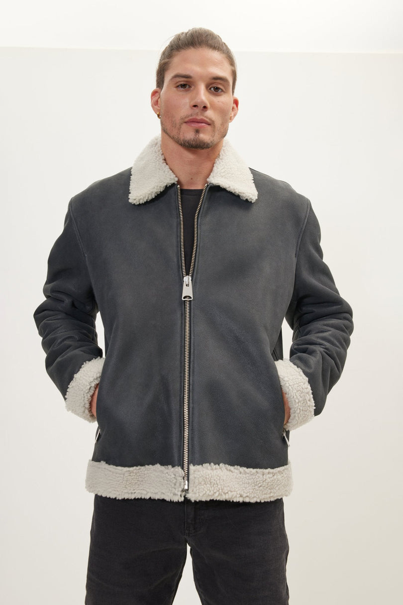 Men's Shearling-Lined Leather Bomber Jacket - Black | Ron Tomson