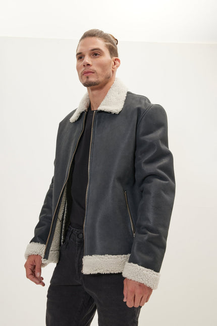 Men's Shearling-Lined Leather Bomber Jacket - Black | Ron Tomson