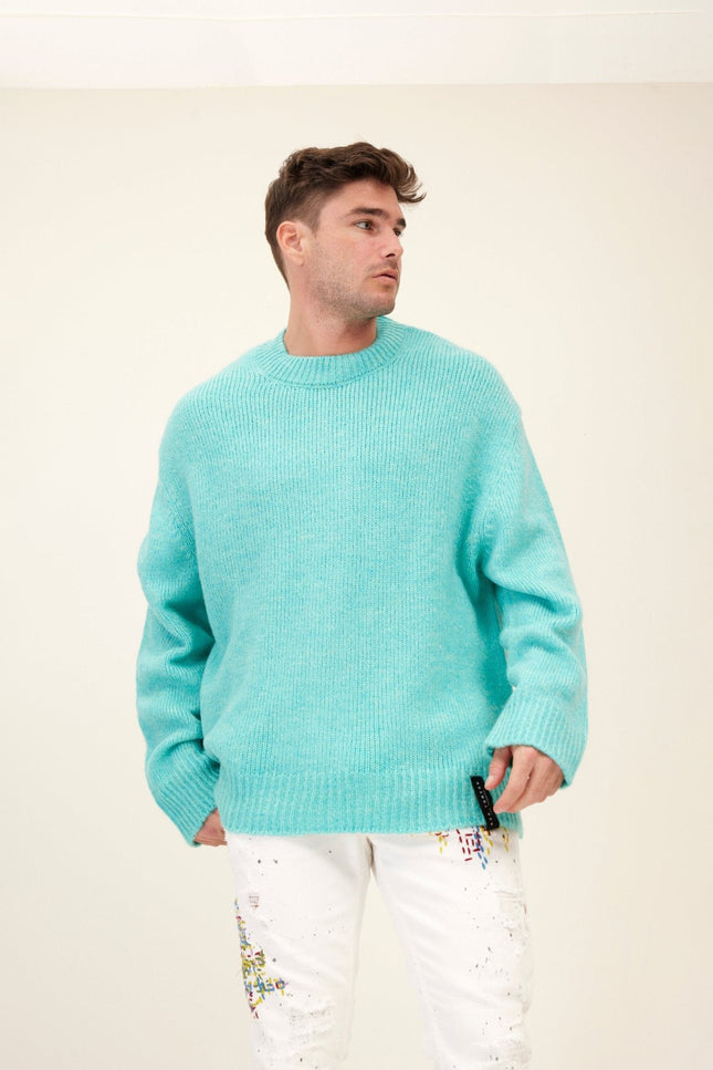 Wool Blend Crew-Neck Sweater - Turquoise