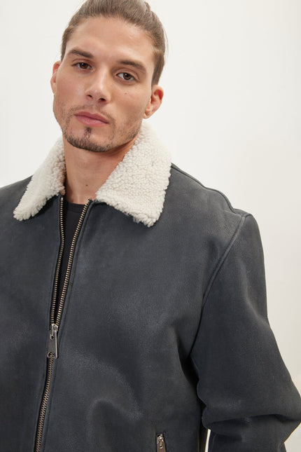 Men's Shearling-Lined Leather Bomber Jacket - Black | Ron Tomson