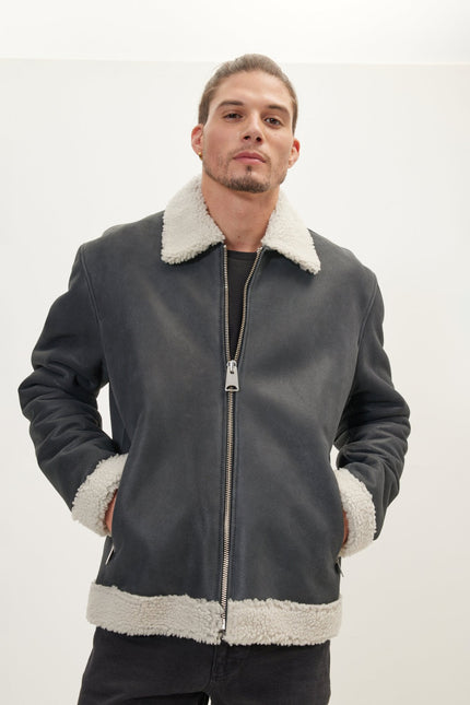 Men's Shearling-Lined Leather Bomber Jacket - Black | Ron Tomson