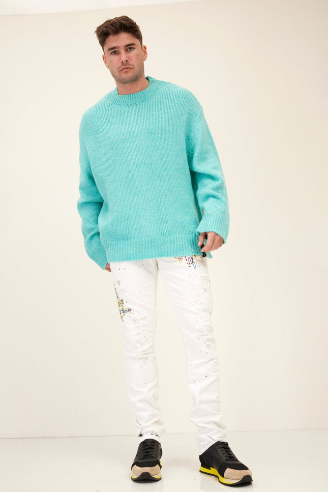 Wool Blend Crew-Neck Sweater - Turquoise