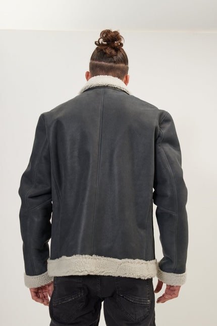 Men's Shearling-Lined Leather Bomber Jacket - Black | Ron Tomson