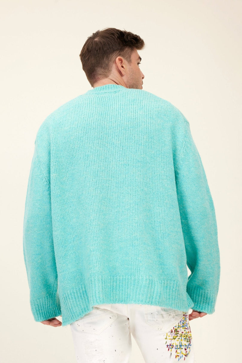 Men's Wool Blend Crew-Neck Sweater - Turquoise | Ron Tomson