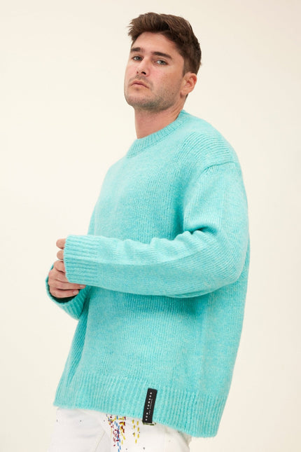 Men's Wool Blend Crew-Neck Sweater - Turquoise | Ron Tomson