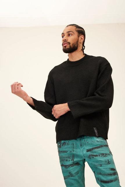 Men's Wool Blend Crew-Neck Sweater - Black | Ron Tomson