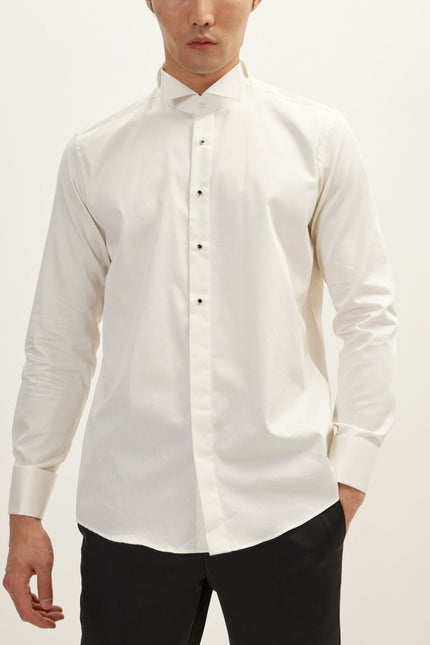 Men's Wing Collar Tuxedo Shirt - Light Beige | Ron Tomson