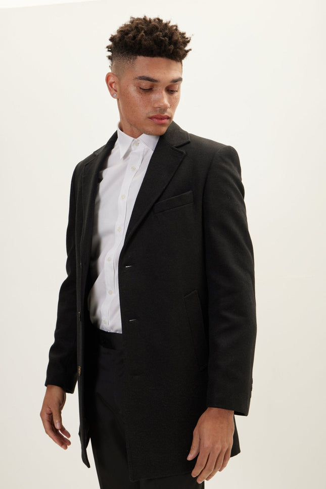 Men's Single-Breasted Wool Overcoat - Black | Ron Tomson