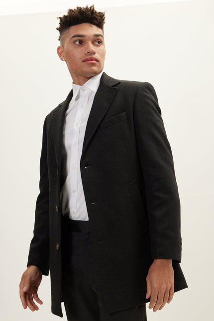 Men's Single-Breasted Wool Overcoat - Black | Ron Tomson