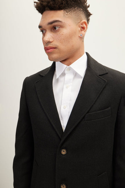 Men's Single-Breasted Wool Overcoat - Black | Ron Tomson