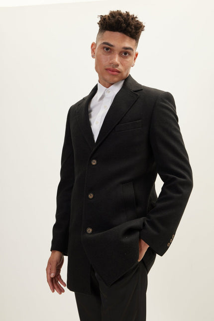 Men's Single-Breasted Wool Overcoat - Black | Ron Tomson