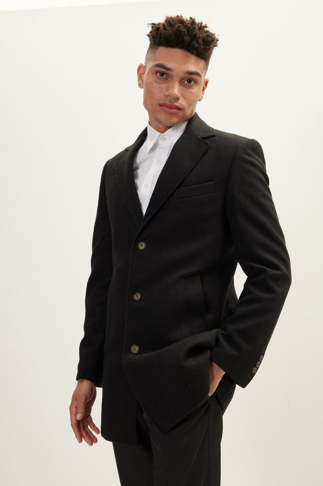 Men's Single-Breasted Wool Overcoat - Black | Ron Tomson