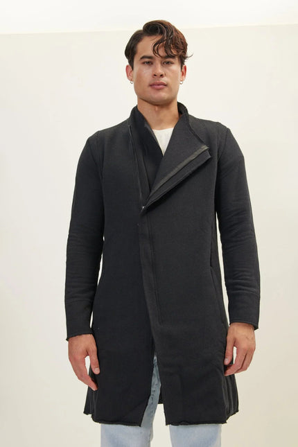 Men's Long Full-Zip Cardigan - Black | Ron Tomson