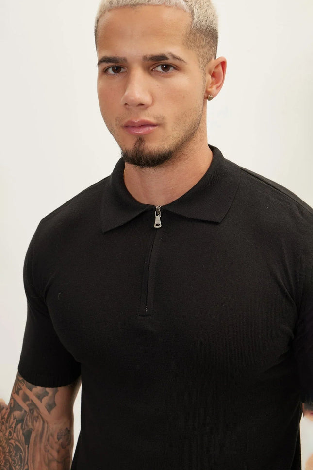 Men's Half-Zip Polo Shirt - Black | Ron Tomson