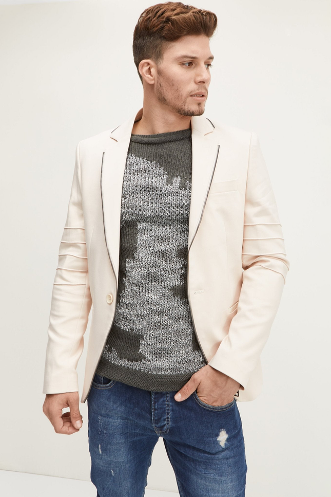 Zipper Piping Fitted Blazer - Ecru