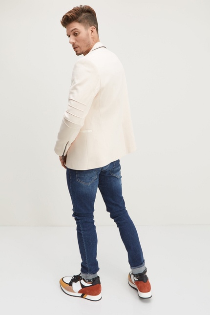Men's Zipper Piping Fitted Blazer - Ecru | Ron Tomson