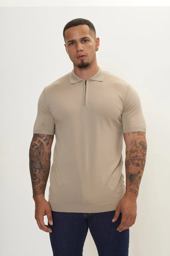 Men's Half-Zip Polo Shirt - Dark Beige | Ron Tomson