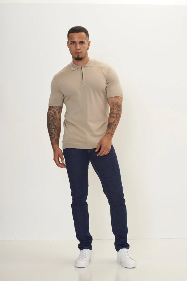Men's Half-Zip Polo Shirt - Dark Beige | Ron Tomson