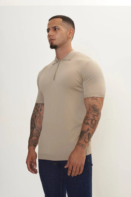 Men's Half-Zip Polo Shirt - Dark Beige | Ron Tomson