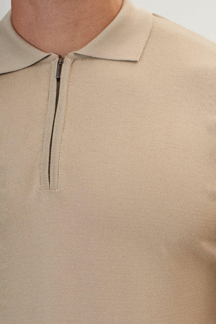 Men's Half-Zip Polo Shirt - Dark Beige | Ron Tomson