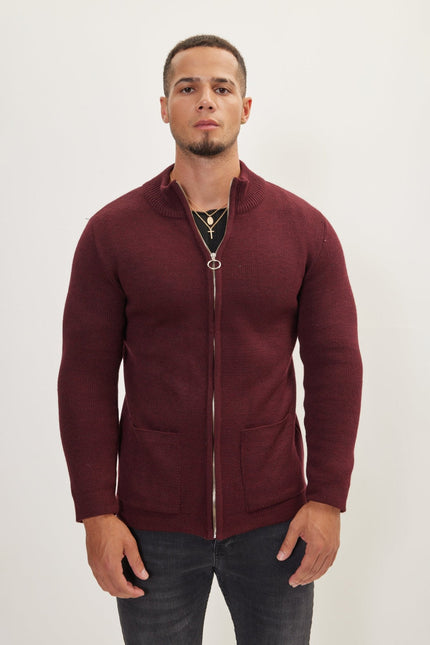 Men's Ribbed Full-Zip Cardigan - Bordeaux | Ron Tomson
