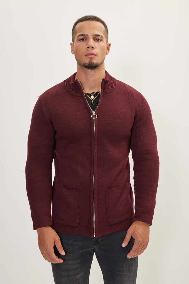 Men's Ribbed Full-Zip Cardigan - Bordeaux | Ron Tomson