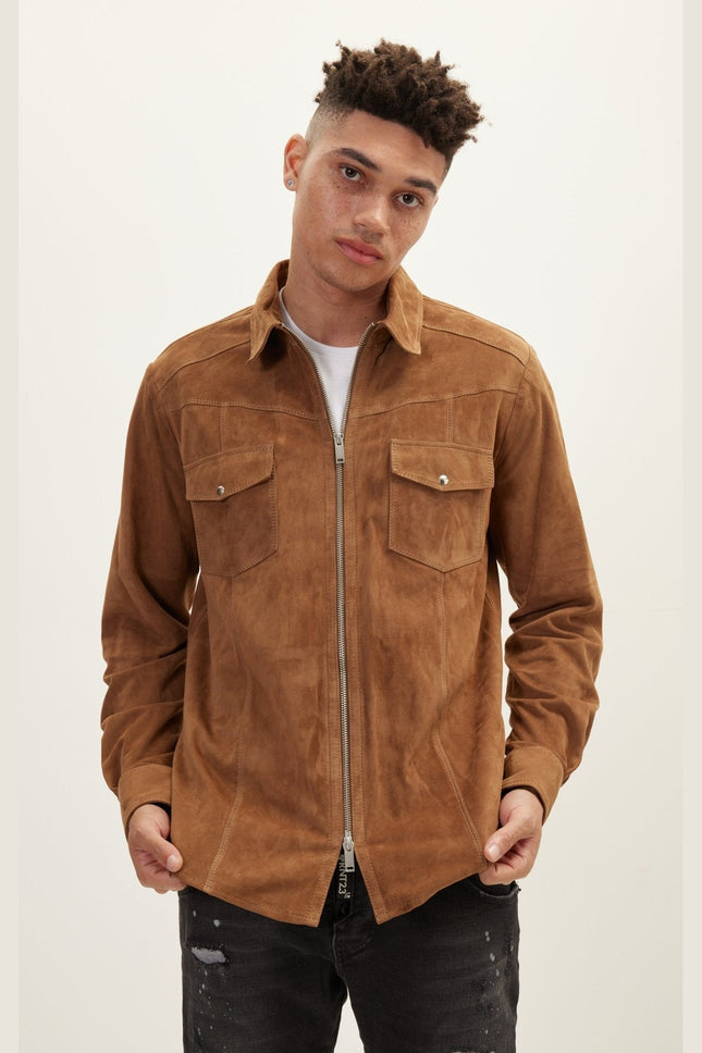Men's Lambskin Suede Shirt Jacket - Camel | Ron Tomson