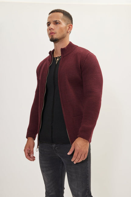 Men's Ribbed Full-Zip Cardigan - Bordeaux | Ron Tomson