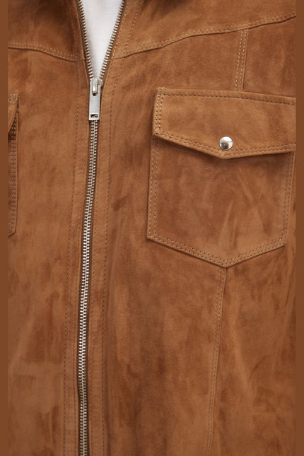 Men's Lambskin Suede Shirt Jacket - Camel | Ron Tomson