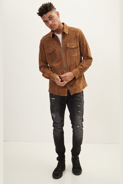 Men's Lambskin Suede Shirt Jacket - Camel | Ron Tomson