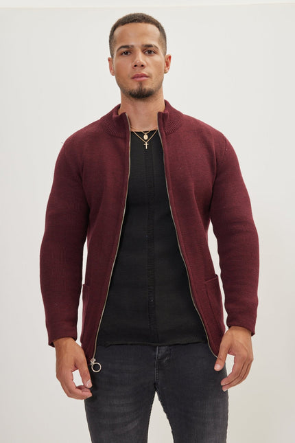Men's Ribbed Full-Zip Cardigan - Bordeaux | Ron Tomson