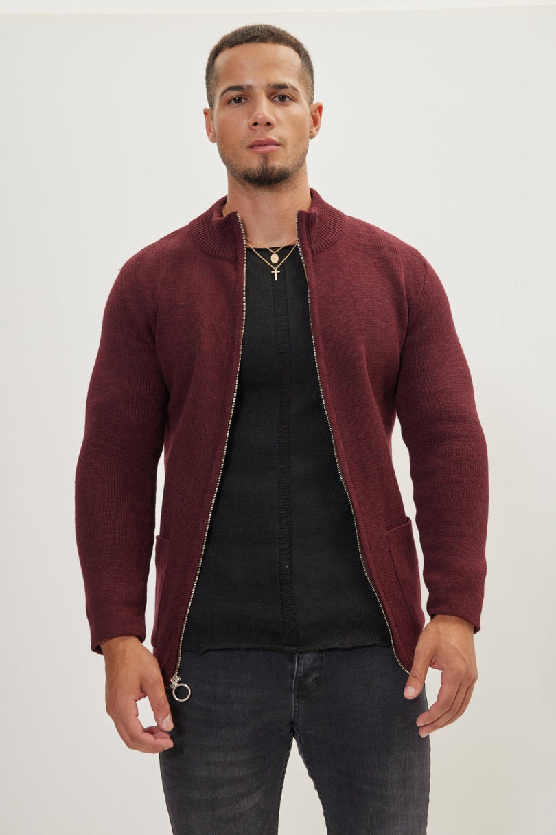 Men's Ribbed Full-Zip Cardigan - Bordeaux | Ron Tomson