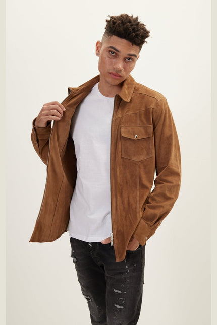 Men's Lambskin Suede Shirt Jacket - Camel | Ron Tomson