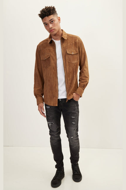 Men's Lambskin Suede Shirt Jacket - Camel | Ron Tomson