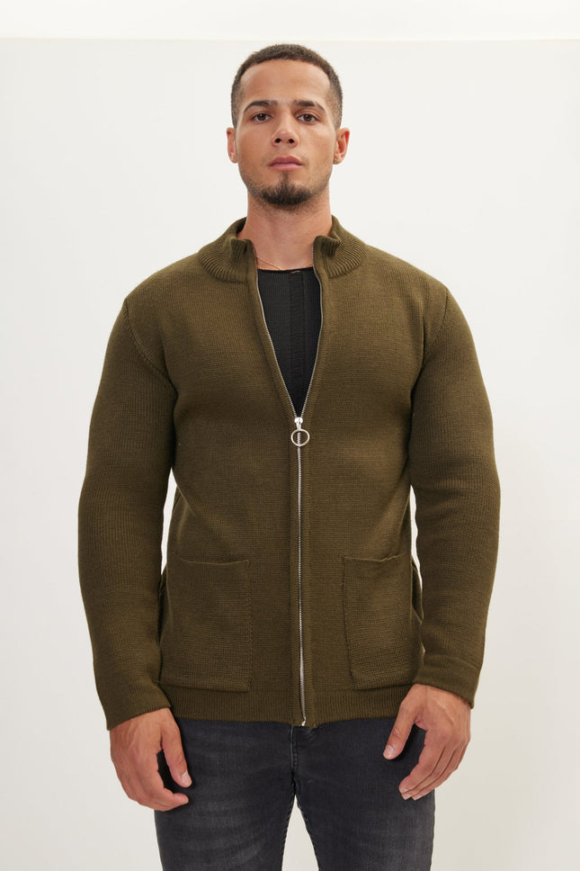 Men's Zipper Up Cardigan - Khaki | Ron Tomson
