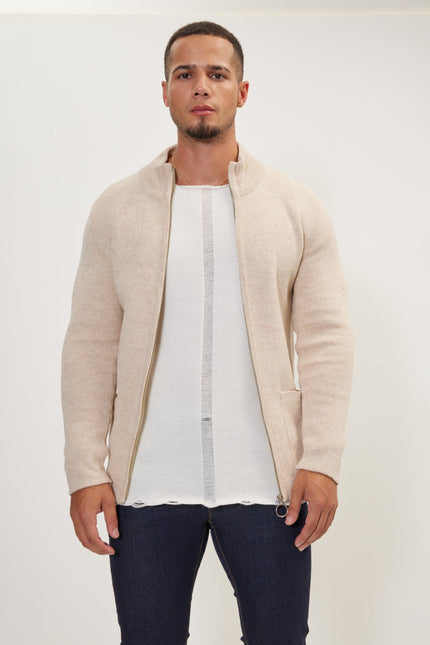 Men's Ribbed Full-Zip Cardigan - Beige | Ron Tomson