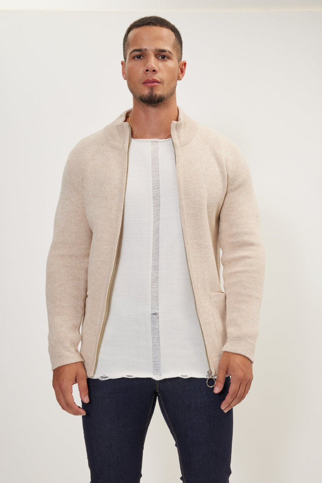 Men's Ribbed Full-Zip Cardigan - Beige | Ron Tomson