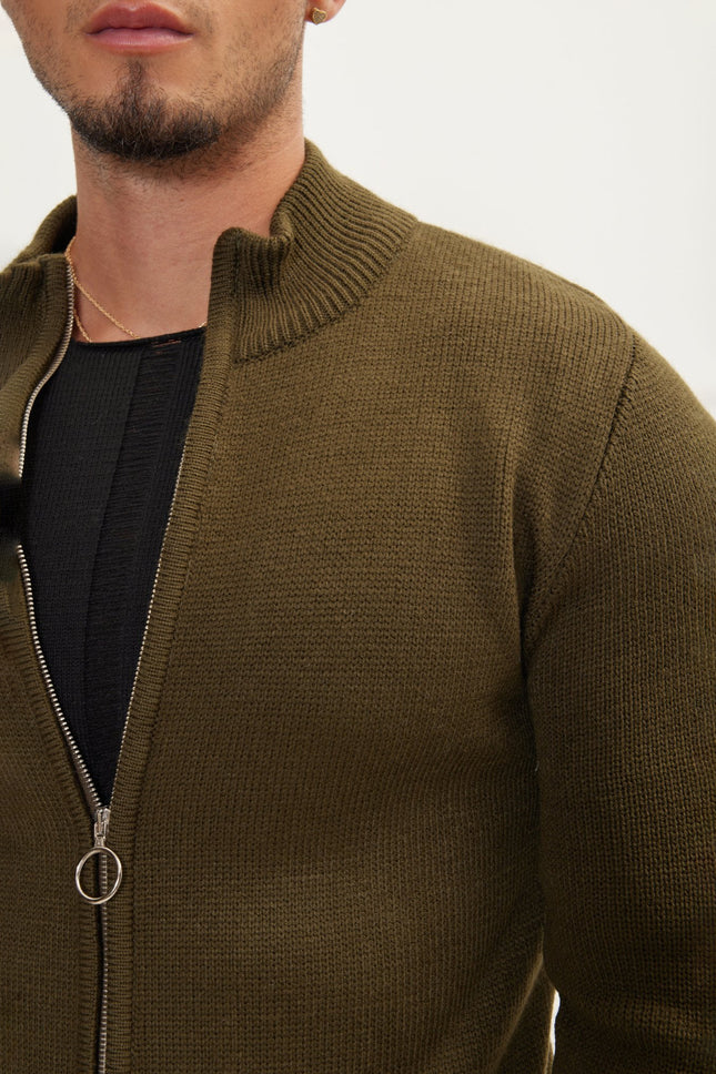 Men's Zipper Up Cardigan - Khaki | Ron Tomson