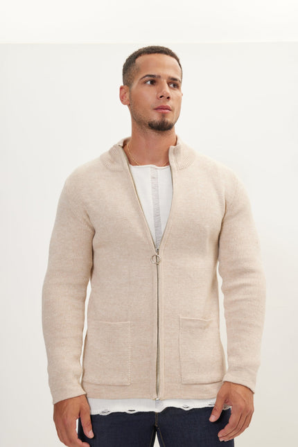 Men's Ribbed Full-Zip Cardigan - Beige | Ron Tomson