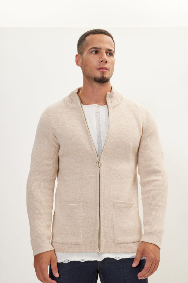 Men's Ribbed Full-Zip Cardigan - Beige | Ron Tomson
