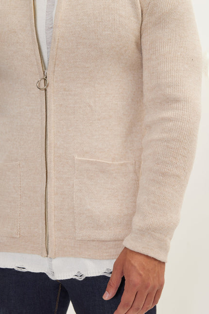 Men's Ribbed Full-Zip Cardigan - Beige | Ron Tomson