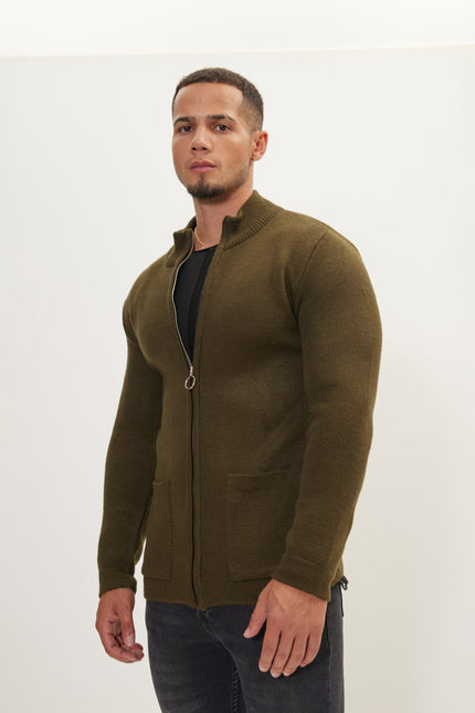 Men's Zipper Up Cardigan - Khaki | Ron Tomson